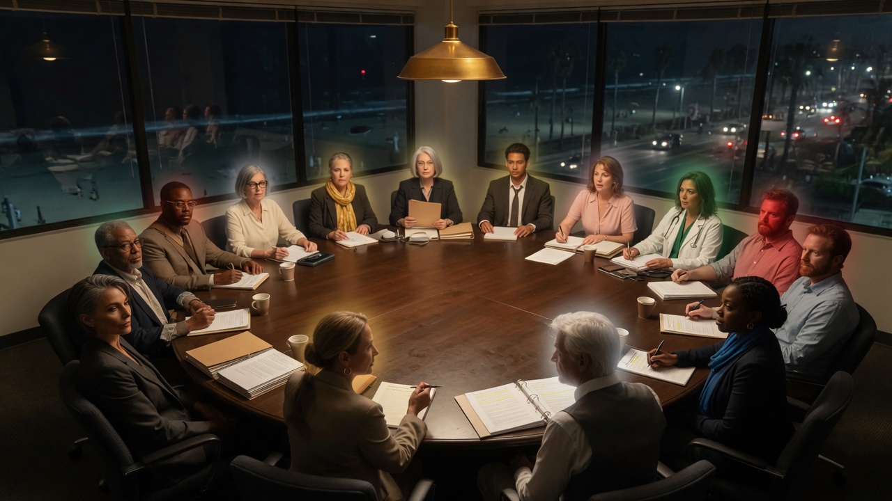 Fourteen people around a round council table at night, Huntington Beach lights in the windows.
