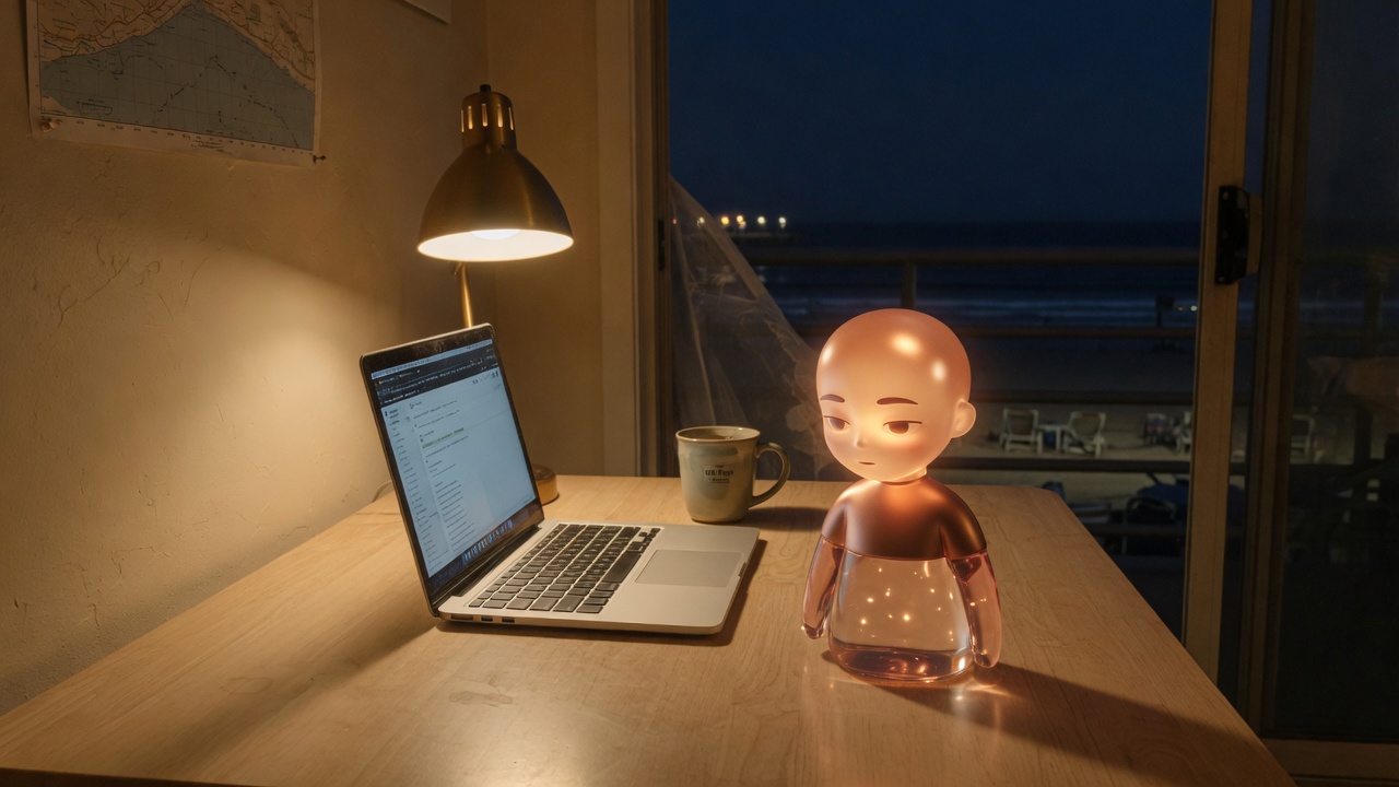 Warm Huntington Beach desk at night: laptop, lamp, and a small luminous Mini-Me companion figure by the window.